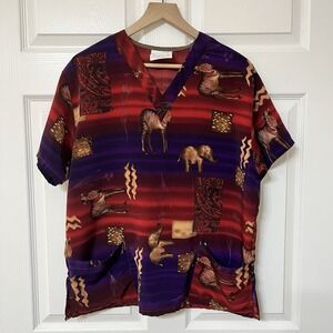 Uniform City Vibrant Red Purple Safari Themed Scrub Shirt‎ Women's M